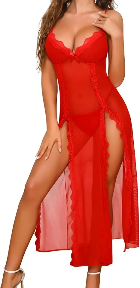UMIPUBO Sexy lingerie voor dames, babydoll, kant, Sexydonna, lange jurk, verleidelijk, petticoat, nachtjapon, transparant, V-hals, complete pyjama, Rood, L : Amazon.com.be: Mode