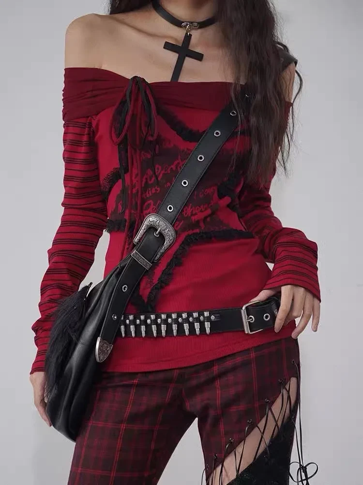 Grunge Goth Red off the shoulder Top - Red / S