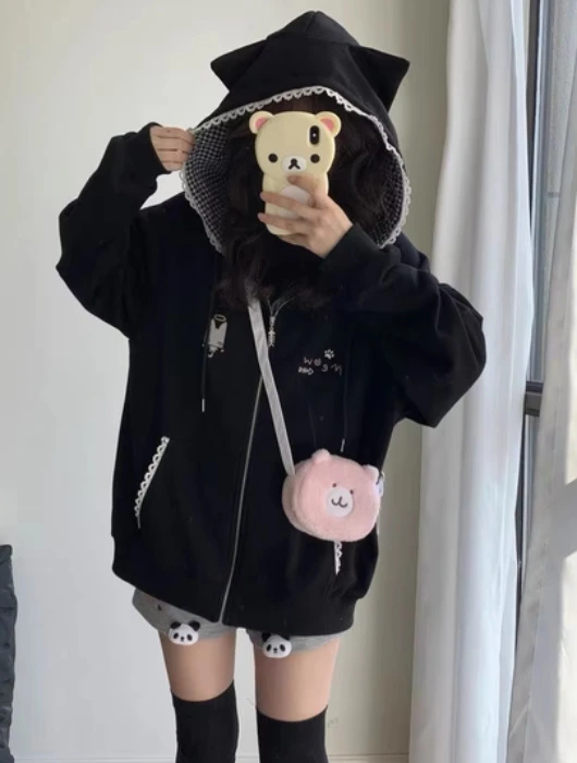 Y2K Black Cat Ear Zip-Up Hoodie