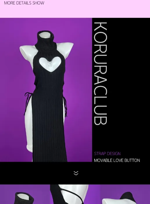 KORURACLUB Mulheres coração suéter de gola alta de malha macia cheongsam longo vestido sem costas