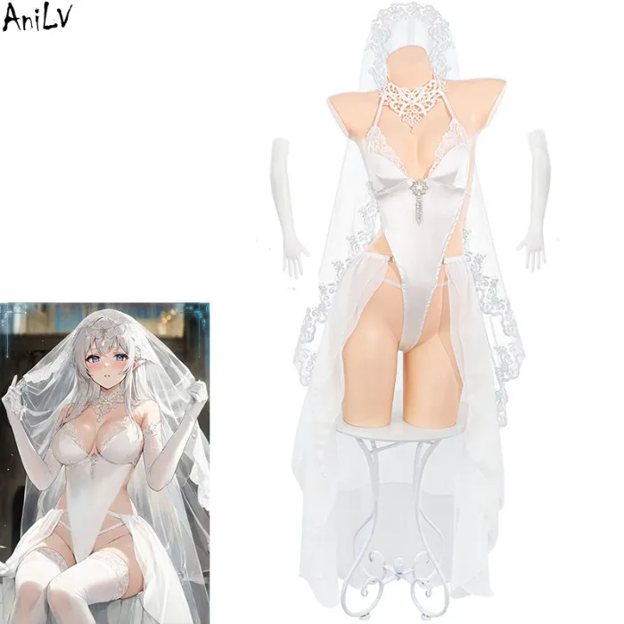 Anilv anime menina noiva vestido de casamento renda véu roupas femininas bodysuit trajes cosplay