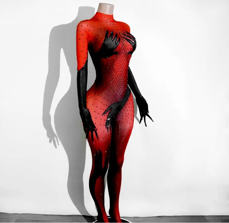 Rhinestone Hands Printed Jumpsuit Red White Black Gloves Sexy Performance Singer Dj Club Party Birthday Show Stage - One Size - Red