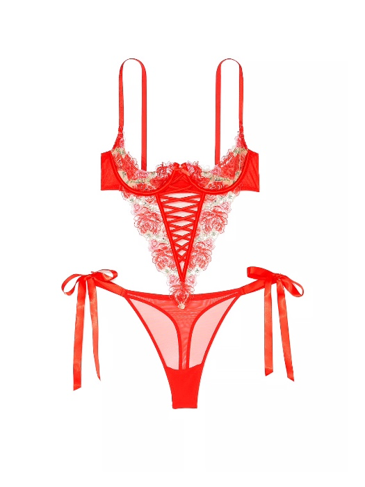 DREAM ANGELS Wicked Floral Embroidery Quarter Cup Lace-Up Teddy