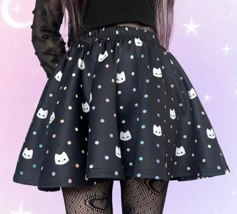 Polka Dots Cat Flare Skirt, Cute Kitty Yami Kawaii Skirt, Harajuku Decora Kei Skater Skirt, Rainbow Dots Japanese Streetwear Cutecore