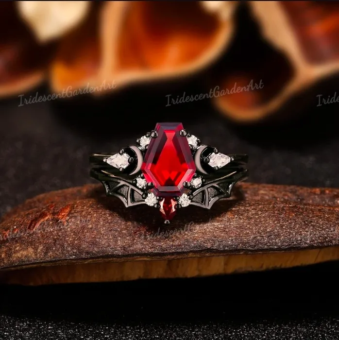 Vampire Coffin Shaped Garnet Ring Set Gothic Bat Wings