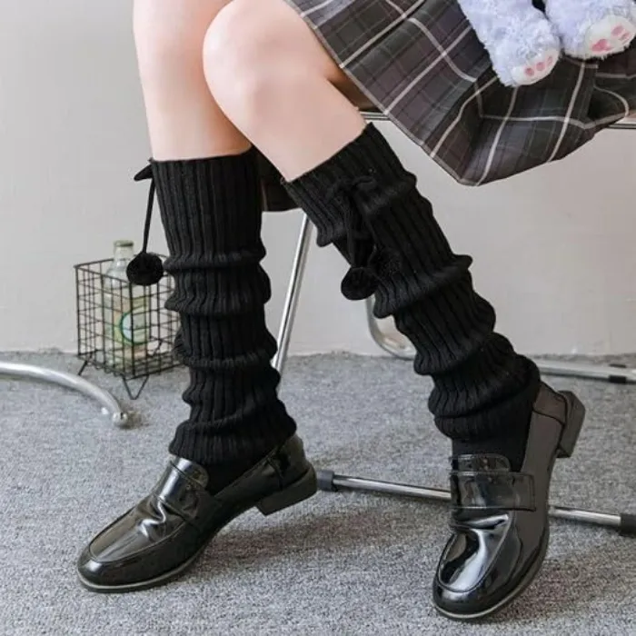 Cute Black Leg Warmers With Pom Poms