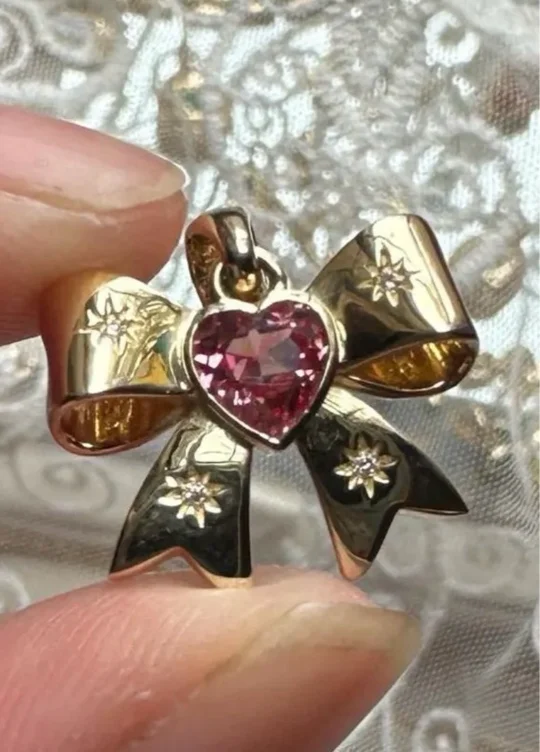 Solid Gold Coquette Heart Bow Pendant | Pink Sapphire, Diamonds | 10k