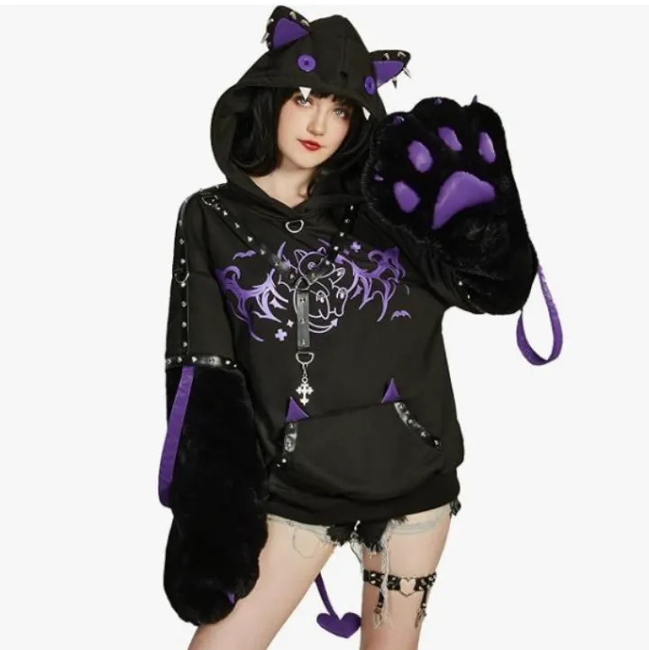 Amazon.com: Micotaku Women's Gothic Steampunk Retro Rivet Sheep Paw Hoodie Color Clash Hoodie Daily Wear Black and Purple : Clothing, Shoes & Jewelry