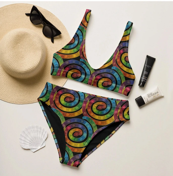 Spiral Rainbow Serpent Black High-Waisted Bikini — Shamanic Spirit Medicine