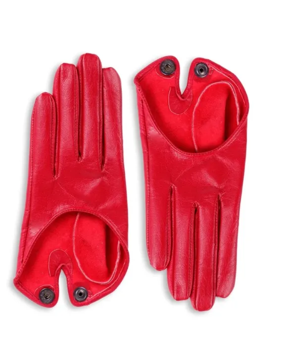 Half-scoop leather button gloves (red leather)