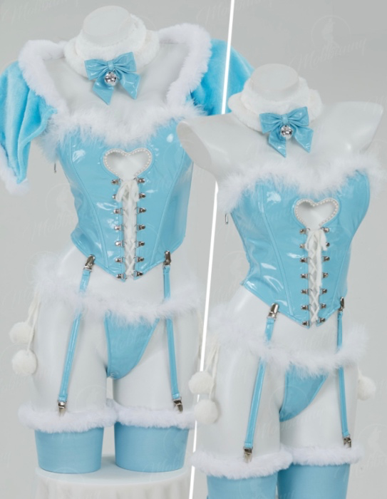  Lingerie Set Winter Christmas Blue White Furry Heart Hollow Top and Panty with Cloak