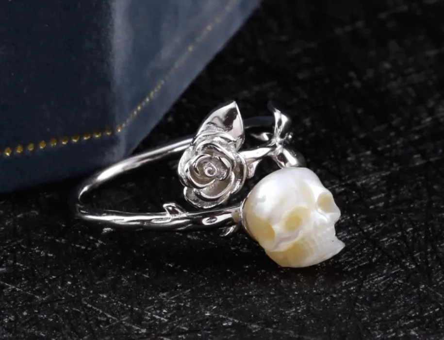 Rose Pearl Skull Ring