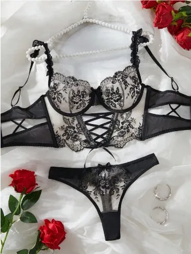 Myrelith 2pcs/Set Women Mesh Contrast Minimalist See-Through Embroidery Outfit