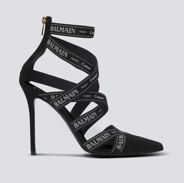 Couture suede heels with Balmain ribbon motif