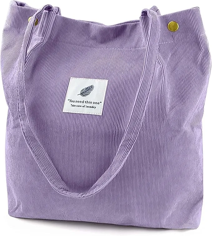 Ayieyill Corduroy Tote Bag for Women Girl Canvas Shoulder Cord Purse with Inner Pocket - Purple Grey