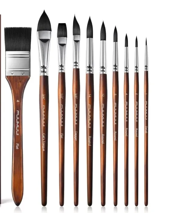 Professional Watercolor Brushes - 10 Artist Brushes with Flat Brush for Watercolor, Synthetic Squirrel Hair Brushes for Constant Flow and High Absorption | Watercolor Brushes