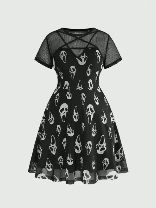 ROMWE Gothic Summer Outfits Beach Wear Gothic Round Neck Vintage Casual Little Ghost Print Patchwork Mesh Ribbon Decor Plus Size A-Line Short Sleeve Dress