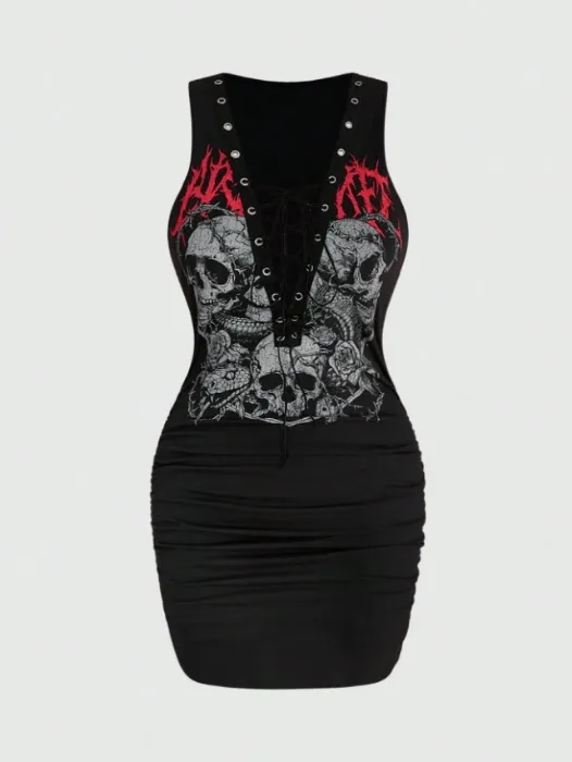 ROMWE Grunge Punk Punk Skull Gothic Snake Print Metal Eyelet Lace-Up Sexy Deep V-Neck Fitted Bodycon Ruched Plus Size Dress