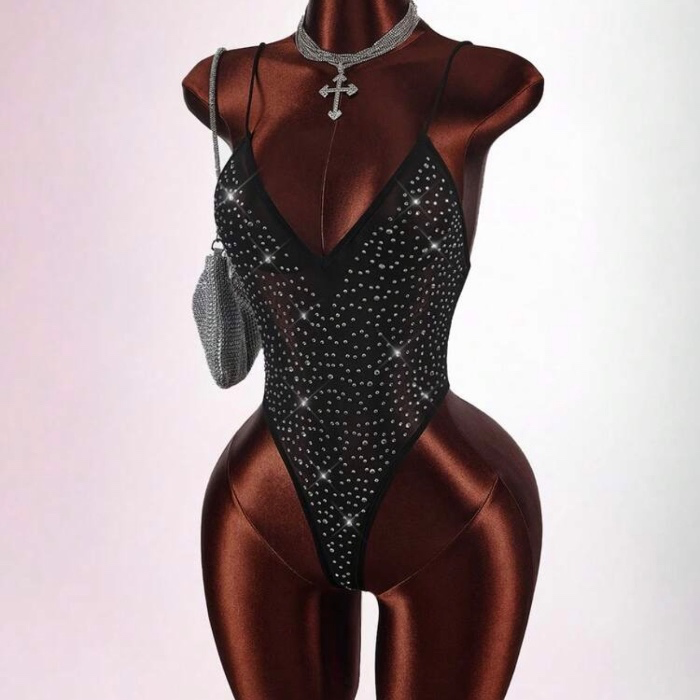 Rhinestone see thru bodysuit 