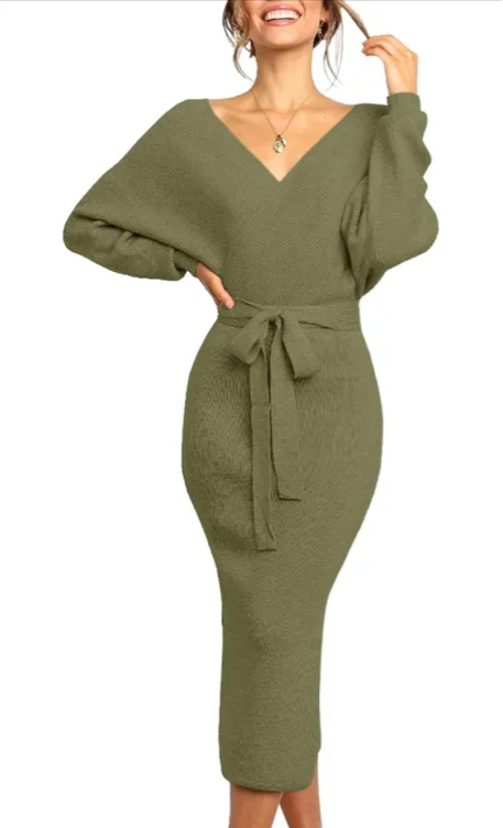 Chang Yun Women's Long Maxi Sweater Dresses Sexy Wrap Batwing V Neck Slit Open Back Holiday Bodycon Dress with Belt - 1-army Green X-Large