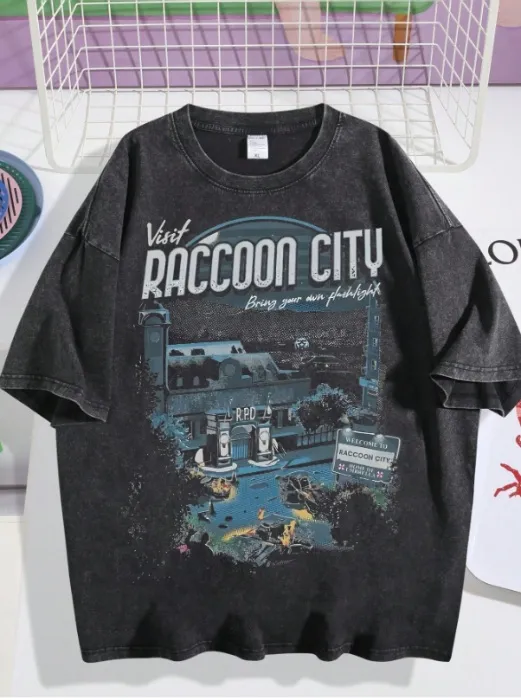 Vintage Washed Racoon City Landscape Letter Print 