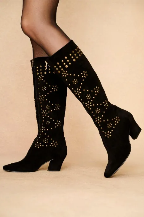Rebel Revolver Black Studded Long Boots