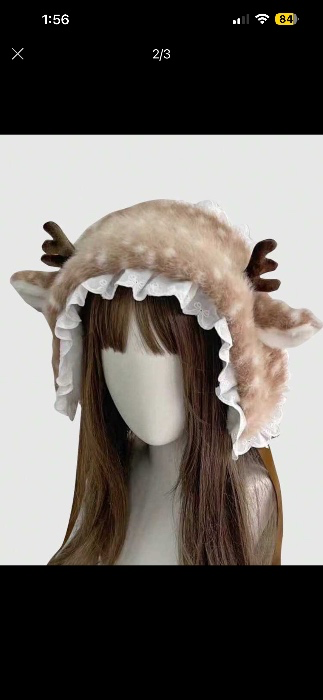 Fairycore 1 Cute Reindeer Faux Fur Winter Hat With Lace Trim And Antler Design For Warm Earmuffs