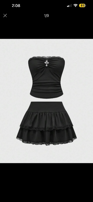 Contrast Lace Trim Skirt 2 Pieces Set