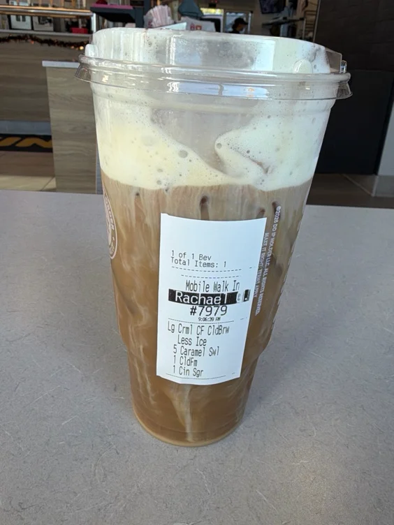 $7 coffee large Caramel Swirl 