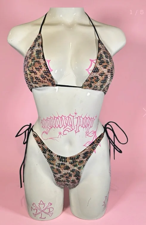 Big Cat Energy Gold Leopard Rhinestone Bikini 
