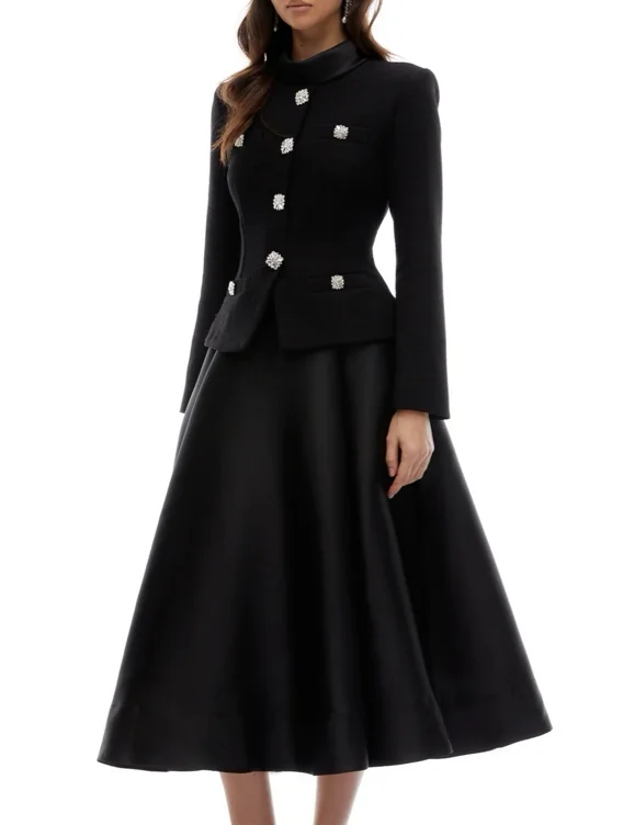 Lorelei Black High Neck Tweed Midi Dress