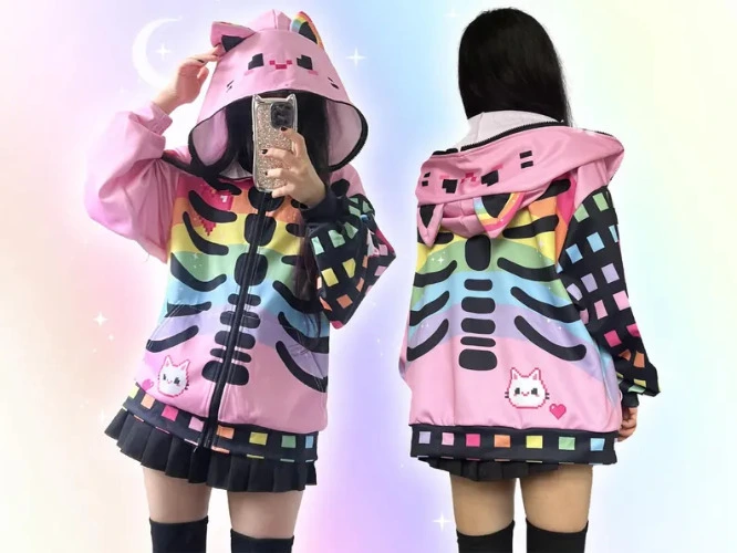 Harajuku Gamer Cat Ears Hoodie, Pastel Goth Lightweight Skeleton Jacket Yami Kawaii Kitty Rib Cage Hoody Cute Decora Kei Japanese Streetwear 
