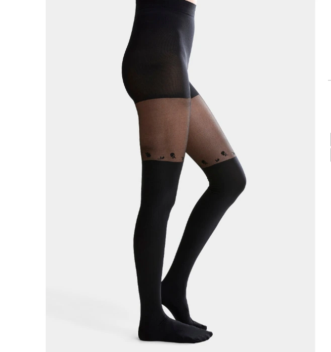 Floral trim thigh-high style pantyhose