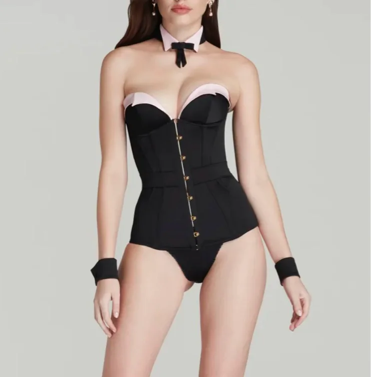 AP black and pink corset, cuffs, collar and bunny ears 😍