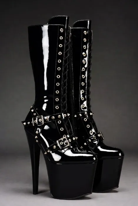 Mid calf  High shine lace up boots 