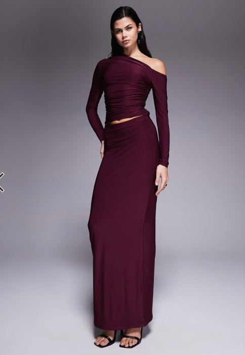 Slinky off the shoulder long sleeve top and maxi skirt set in dark cherry