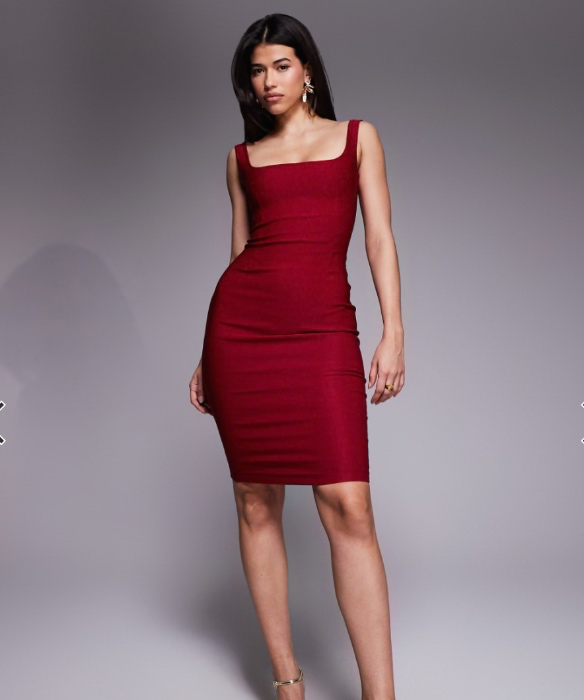 Vesper bengaline square neck bodycon midi dress in wine | ASOS