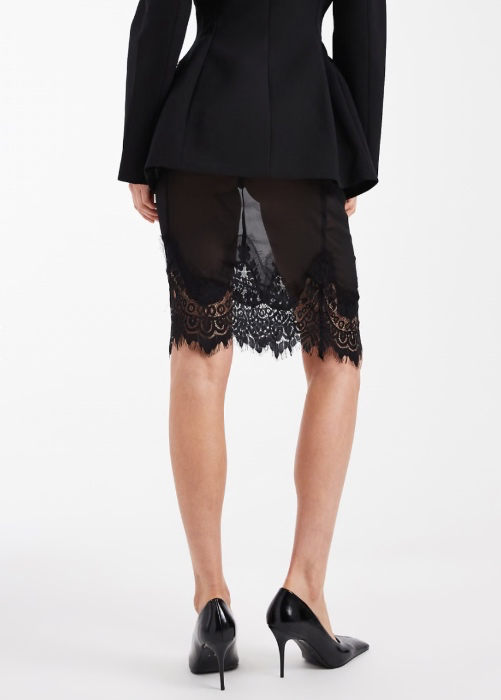 Chiffon sheer lace trim midi skirt in black