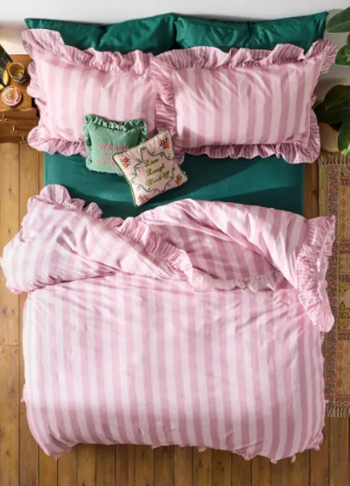 pink stripe ruffle duvet set
