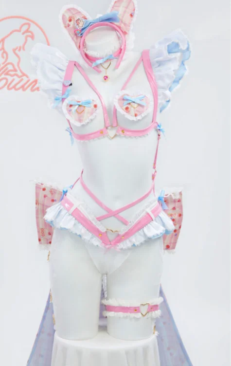 MOBBUNNY X 面倒くさい CHANA SADIE Derivative Pink Kawaii Bowknot Sexy Lingerie Set with Pantyhose Gloves Leg Ring Headband