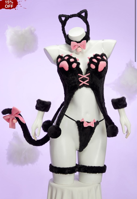 Lingerie Set Winter Plush Cute Cat Paw Top and Thong with Tail