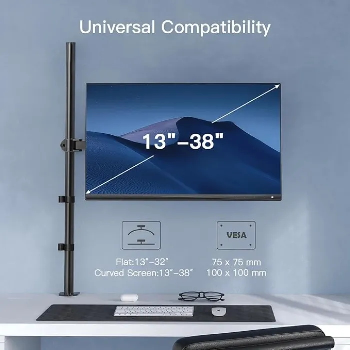 HUANUO Single Monitor Arm, Adjustable Desk Mount for 13-34 inch Screens, Holds 19.8lb, 22.44 inch Max Height, Full Motion Swivel Monitor Stand with VESA 75x75mm and 100x100mm Compatibility - Black