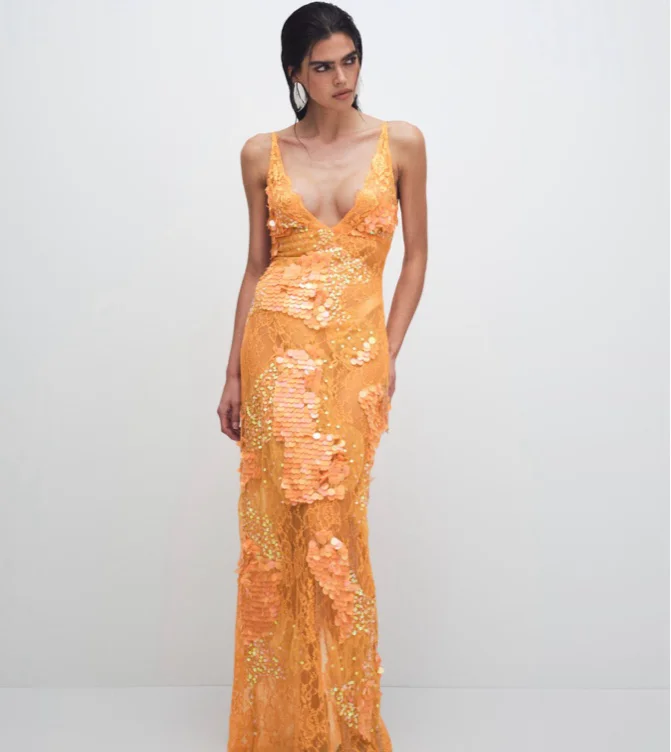 ASOS DESIGN sheer lace cami maxi dress with placement embellishment in orange