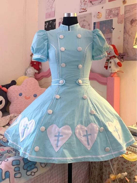 [$79.00]White Cross Heart Patches Blue Nurse Lolita Puff Sleeves Dress