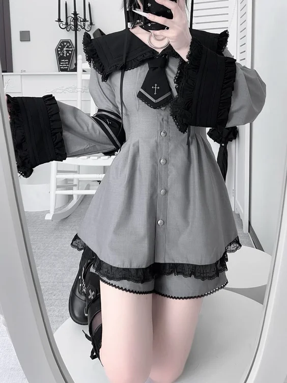 [$76.00]Jirai Kei Gray and Black Sailor Full Set - Bell Sleeves Cinched Waist Top with Shorts