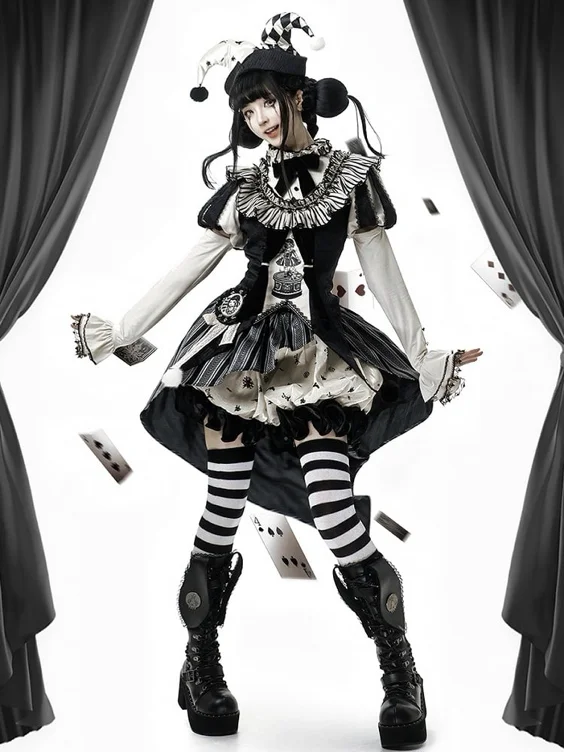 [$153.00]Black and White Circus Vibes Sweet Lolita Full Set- Puff Sleeves Clown Top + Hi-lo Skirt + Accessories