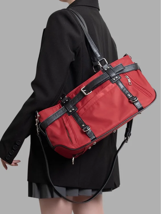 [$28.00]Charming Red Medium-Sized Tote Bag with Sweet and Edgy Belt Accents