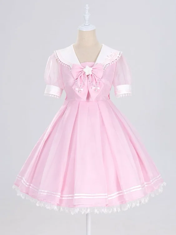 [$83.00]Star Lace Trimmed Sailor Collar Short Sleeves Pink Lolita Dress with a Free Bowtie Magical Girl Dress