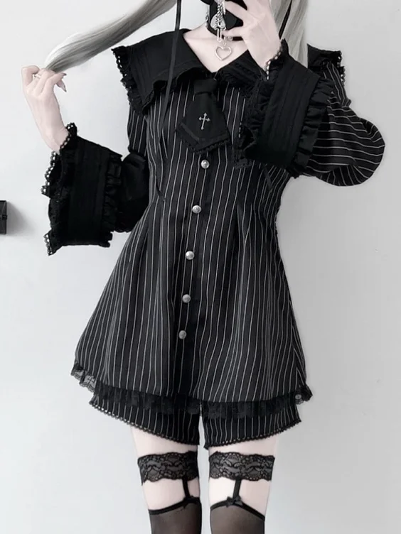 [$76.00]Jirai Kei Black Striped Sailor Set - Bell Sleeves & Cinched Waist Top with Matching Shorts