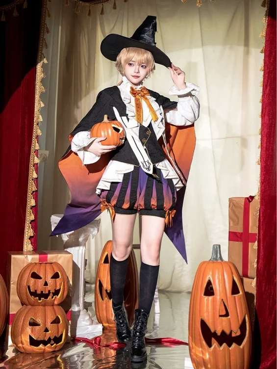 [$114.00]Ouji Lolita Halloween Outfit - White Shirt + Spider Web Fabric Cape Waistcoat + Bloomer Shorts